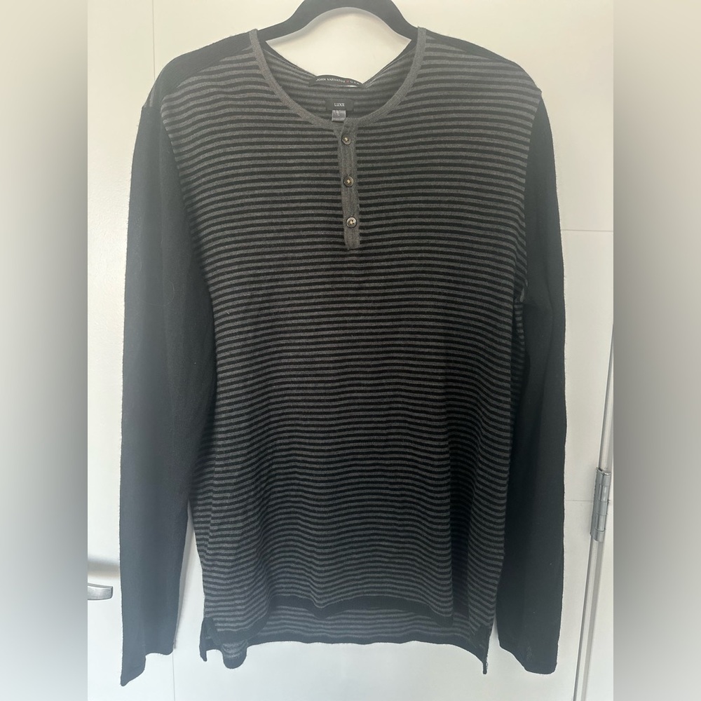 John Varvatos USA Luxe Striped Henley Sweater Large Wool Blend Black Gray